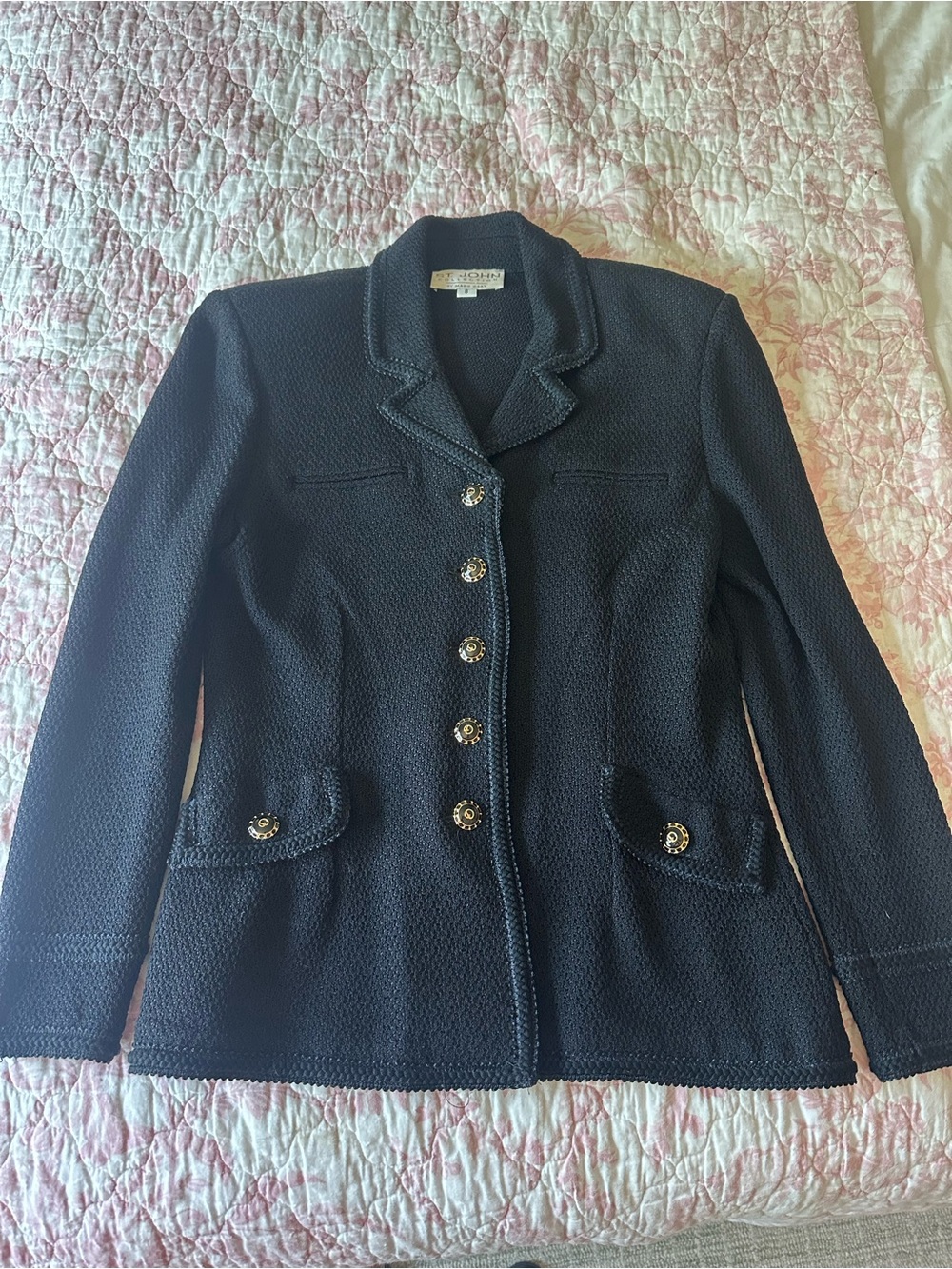 St. John Collection Black Textured Knit Blazer with Gold-Tone Buttons